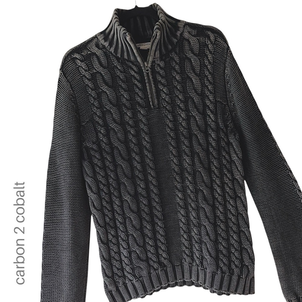 CARBON 2 COBALT | NWOT BLACK CABLE KNIT SWEATER PURE COTTON QUARTER ZIP | MEDIUM